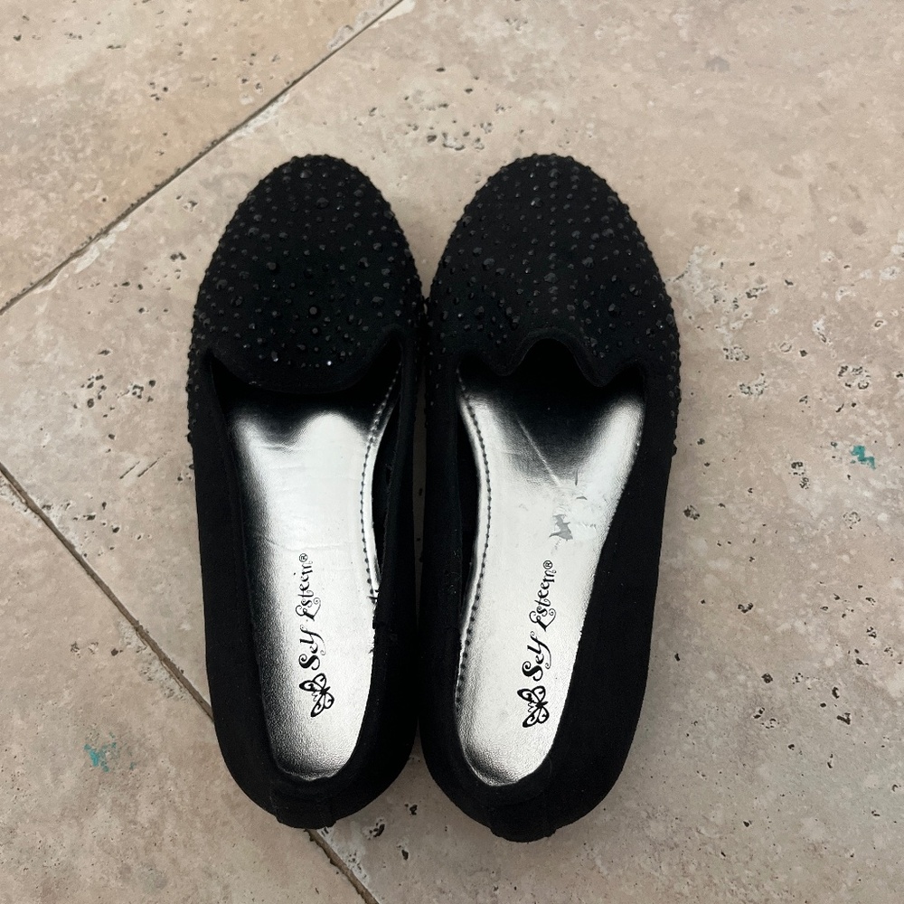 Girls black flats with rhinestones
